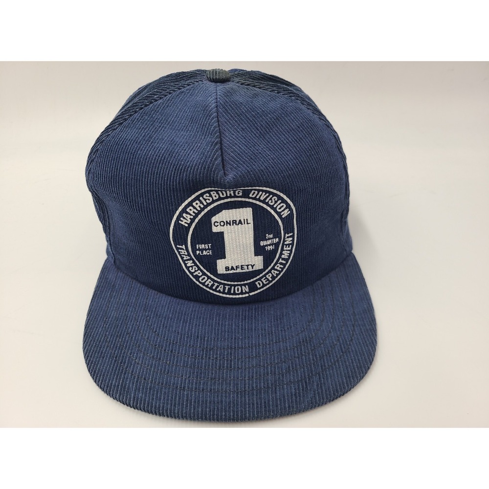 Vintage Conrail Safety Harrisburg Division Corduroy Snapback Hat Cap Train Blue
